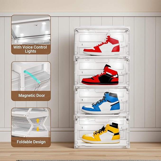 BROVIEW Led Shoe Boxes - Foldable Shoe Storage Case with Lights, Voice Activated, 2 Row 4 Tier White