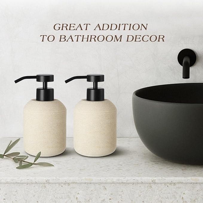 Hand Soap Dispenser, Beige Soap Dispenser for Bathroom 2 Pack, 12 Fl Oz Resin Soap and Lotion Dispensers Set with Plastic Pump, Boho Refillable Liquid Dish Soap Dispensers Bottle