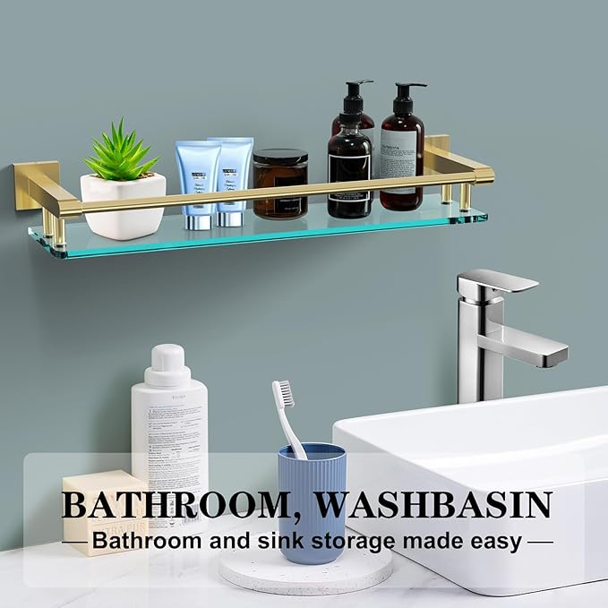Glass Shelf for Bathroom, 20 Inch Tempered Glass with Brushed Gold Stainless Steel Railing, Floating Glass Shelves Sink Over Toilet Modern Bathroom