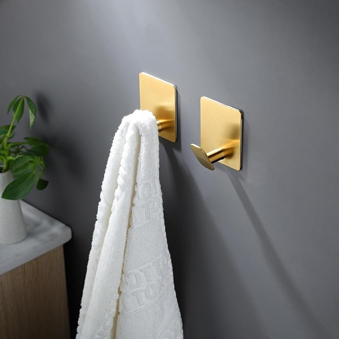 DELITON Gold Towel Hooks- 4 Pack Adhesive Hook for Coat Robe Clothes Stick on Bathroom Wall Brushed Gold Finish Heavy Duty, Stainless Steel