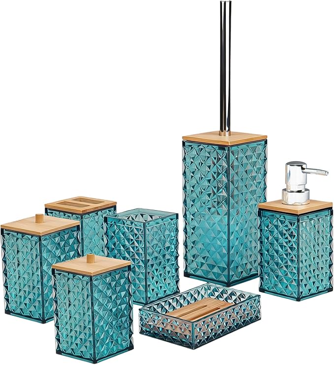 Bathroom Accessory Set,7 Pcs Dark Green Bathroom Set Include Soap Dispenser, Qtip Holder Dispenser, Soap Dish,Toilet Brush,Toothbrush Holder & Mouthwash Cup.Boho Bathroom Set
