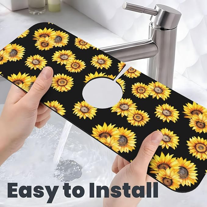 Faucet Draining Mat For Kitchen Sink, Sunflower Flower Black Diatom Mud Absorbent Drain Pad For Bathroom Kitchen Sink Splash Guard Drying Mat