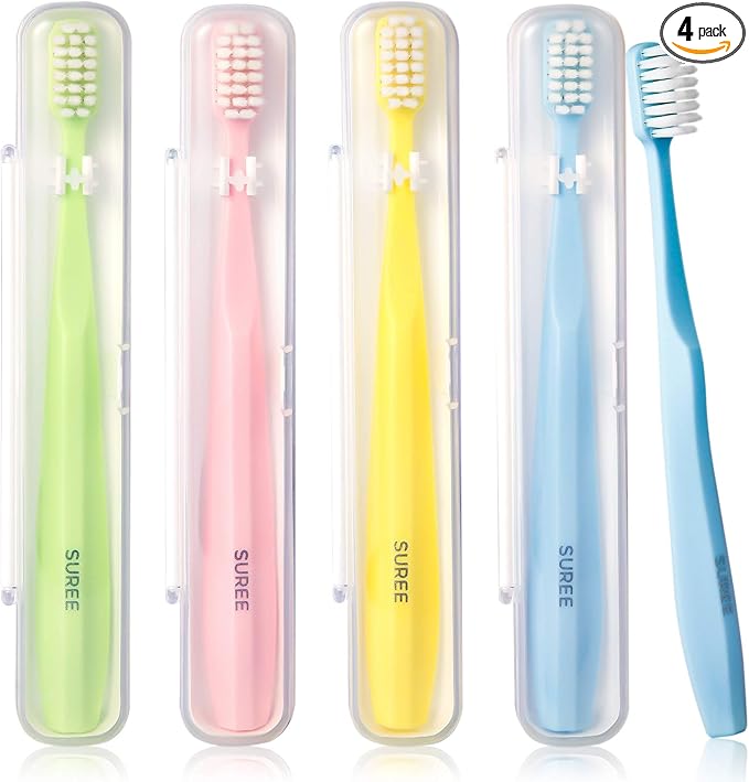 SUREE Extra Soft Toothbrush for Sensitive Teeth, Upgraded 10000 Ultra Soft Bristles for Adults & Elders, Manual Travel Toothbrush with Individual Portable Case (4 Pack)