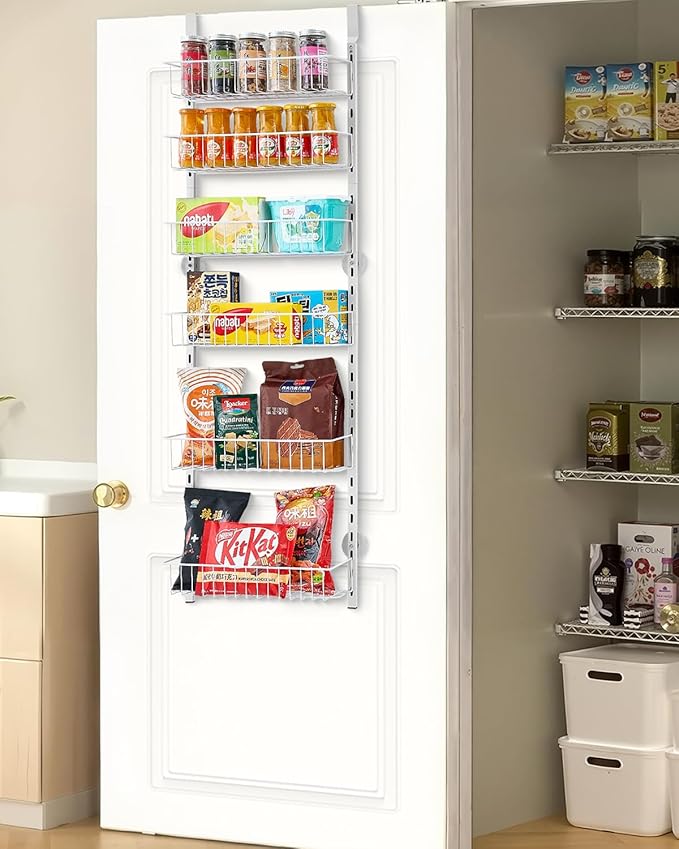 VEVOR Over the Door Pantry Organizer, 6-Tier Pantry Organization and Storage, Heavy-Duty Steel Hanging Spice Rack, Adjustable Wall Seasoning Shelves, for Home Kitchen Laundry Room Bathroom, White