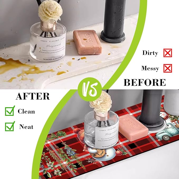 Chrismas Sink Faucet Absorbing Mat Christmas Sink Splash Guard Drying Mat for Kitchen Bathroom Faucet Sinkmat 23.5"X5.5"