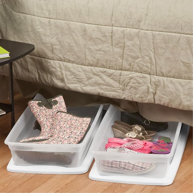 Sterilite 18 Pack Storage Box, 41 Quart Stackable Tote, Clear Plastic Container with Secure Snapping Lids for Home and Office Organization, White