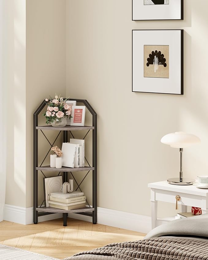 3-Tier Corner Shelf, Industrial Corner Bookshelf, 35.4" Storage Stand, Plant Stand Display Shelf, Bookcase for Bedroom, Living Room, Home Office, Greige and Black TCJ03BG
