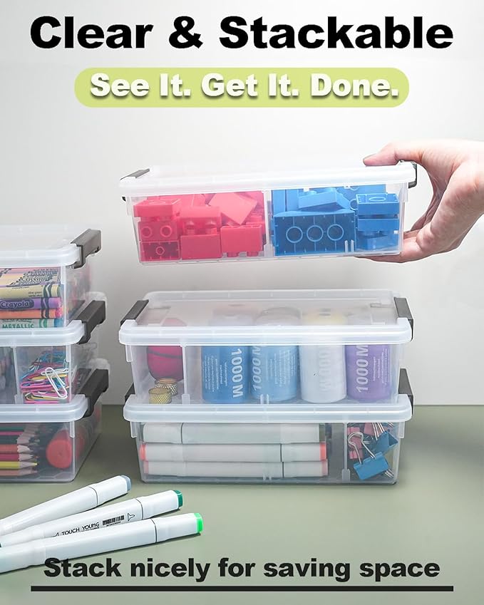 12 Pack Extra Large Pencil Box with Removable Divider, Thickened Pencil Case Bulk, Clear Crayon Marker Organizer Stackable Plastic Small Storage Containers for Pen Craft School Supplies, Multi