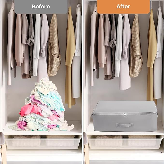 Surblue Clothing Storage Bags Clothes Organizer with Reinforced Handle Foldable Under Bed Storage Bags for Blankets Comforters Quilt Bedding Pillow Toy,3Pcs,Gery