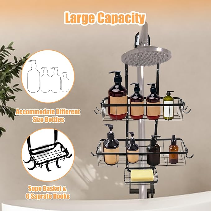 Bathroom Shower Caddy Hanging, Rustproof Waterproof Shower Organizer Shelf, No Drilling Storage Rack with 6 Hooks for Towels Sponge Shampoo Soap, Black