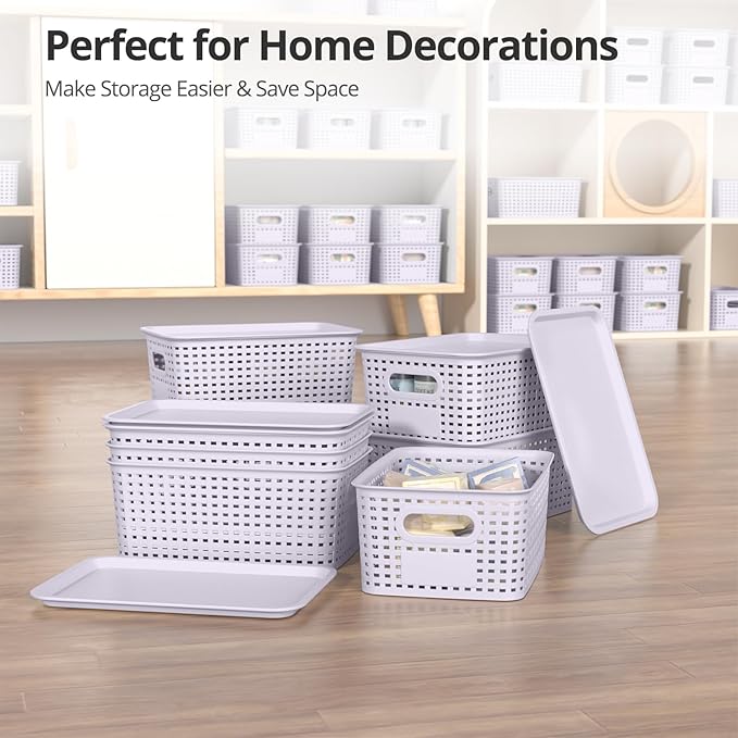 Plastic Storage Basket with Lid, Stackable Small Box Bins for Organizing and Containers for Shelves Drawers Desktop Closet Playroom Pantry Classroom Office Home, 8 Pack 10.2"x7.2"x4.1" Lavender