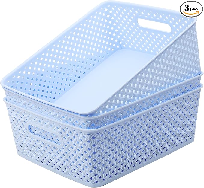 MaxGear Organization and Storage 3 Packs, Plastic Bins Organizer Bins, Woven Baskets for Storage, Plastic Baskets with Handles, Blue Basket for Organizing, Basket Organizer for Home and Office, Large