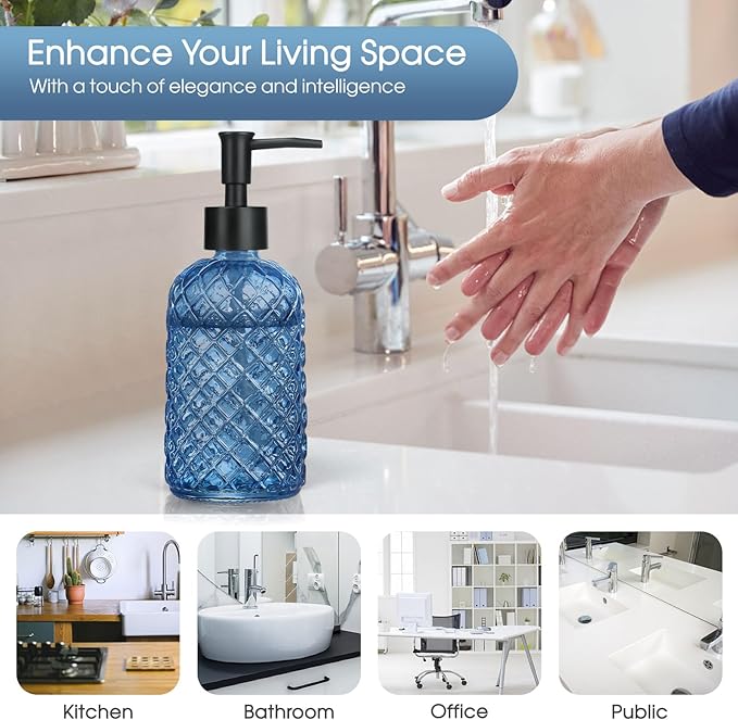 2 Pack Gem Glass Soap Dispenser with Black Plastic Pump, 13oz Liquid Hand Soap Dispenser, Rustproof Pump for Kitchen & Bathroom, Great for Lotions, Essential Oil, Liquid Soaps-Blue