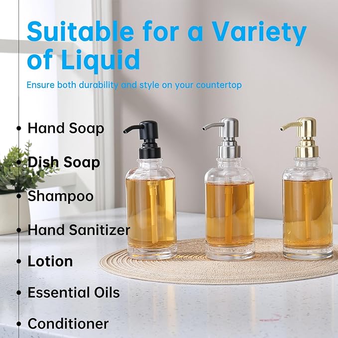 Bathroom Soap Dispenser Black, 11 oz Glass Cylindrical Bottles with Stainless Steel Pump Liquid Hand Soap Dispenser Kitchen