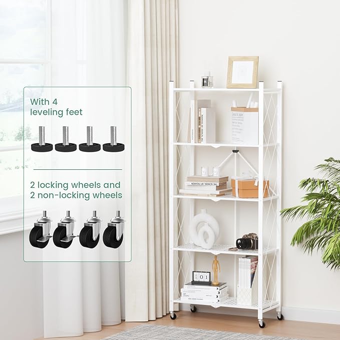ALANNG 5 Tier Storage Shelves on Wheels, No Assembly Metal Folding Shelf Heavy Duty, White | Colorful | Rolling | Collapsible | Rack Unit | for Living Room Office | 13.4" D x 28" W x 64.6" H