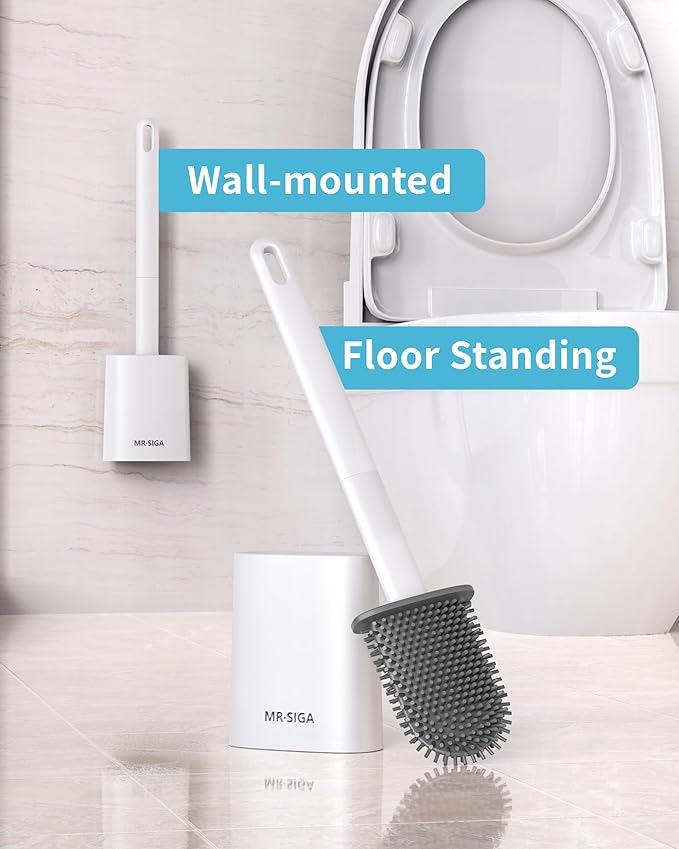 MR.SIGA Toilet Brush and Holder Set, Wall Mounted Toilet Bowl Brush, Compact Toilet Scrub Brush with Holder for Bathroom, White, 2 Pack