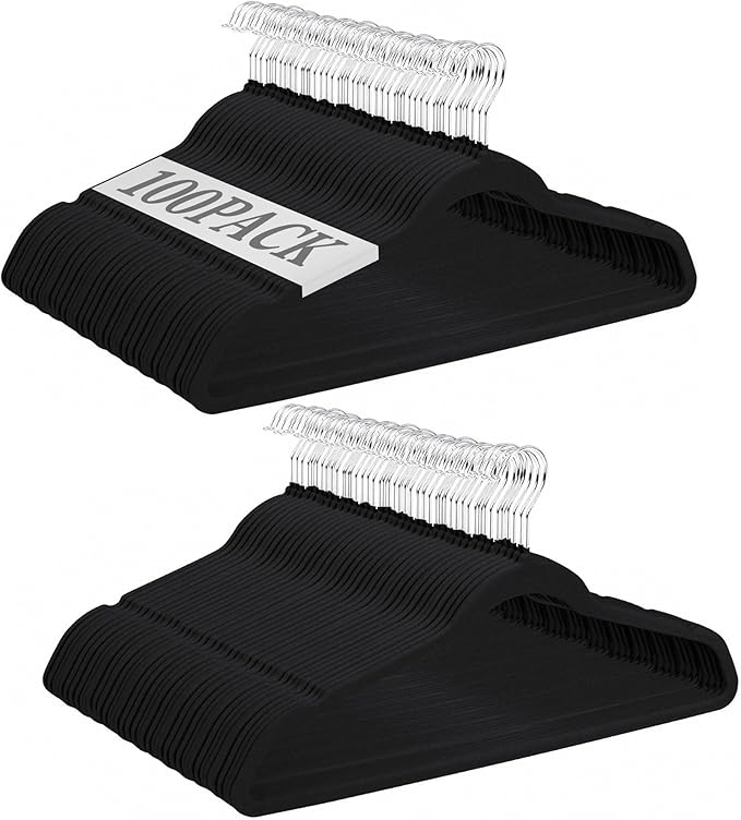 SUPER DEAL Velvet Hangers 100 Pack, Premium Clothes Hanger Slim Non-Slip Notched for Suit Coat Pants Dress 360 Degree Swivel Space Saving Heavy Duty for Closet, Black