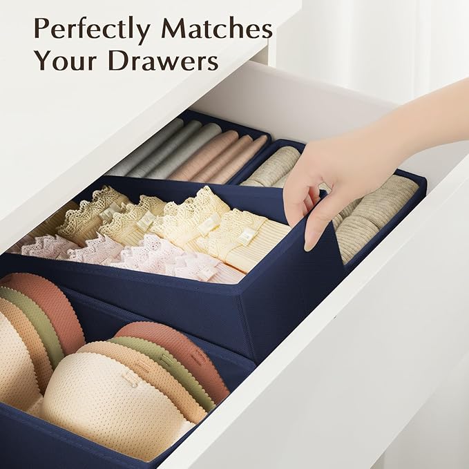 DIMJ Drawer Organizers Clothes, Set of 8 Dresser Organizer Bins, Fabric Closet Organizers and Storage, Shallow Drawer Dividers for Nursery, Clothing, Baby Clothes, Socks, Underwears, Tie (Navy Blue)