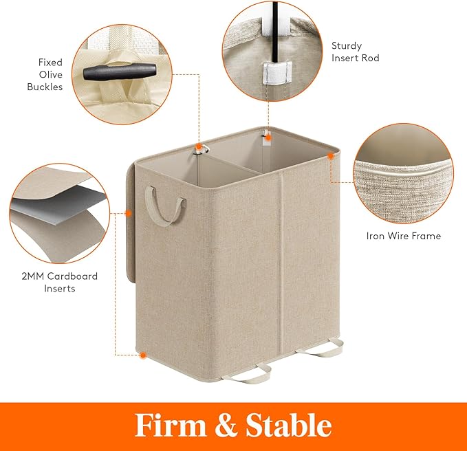 Lifewit Double Laundry Hamper with Lid and Removable Laundry Bags, Large Collapsible 2 Dividers Dirty Clothes Basket with Handles for Bedroom Laundry Room Closet Bathroom College, 136L Beige