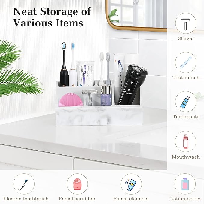 Luxspire Electric Toothbrush Holders, Bathroom Organizer Countertop Caddy 5 Slots Resin Large Toothbrush Holder Caddy Toothpaste Razor Marble Toothbrush holders for Bathroom Accessories, Gravel White