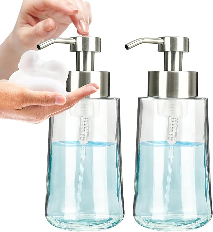 Doiliese Foaming Hand Soap Dispenser Set, 16 oz Large Glass Soap Dispenser, Foam Dispenser with Stainless Steel Pump & Waterproof Labels, Refillable Soap Bottles for Bathroom Countertop, 2 in 1
