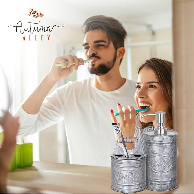 Autumn Alley Rustic Bathroom Accessories Set - Farmhouse Bathroom Soap Dispenser and Toothbrush Holder Set - Western Bathroom Accessories, Farmhouse Decor for Bathroom Countertop, Galvanized Grey