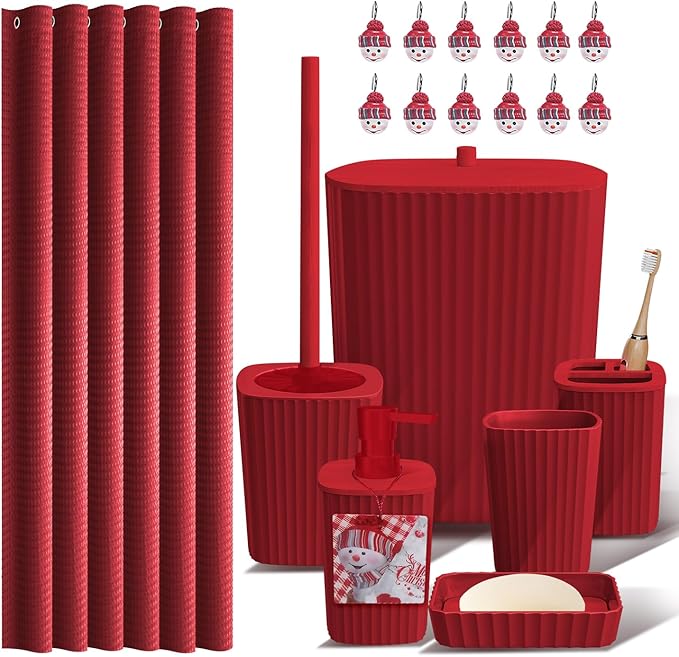 Clara Clark Bathroom Accessories Set - Christmas Shower Curtain Set, Xmas Bathroom Set, Christmas Bathroom Decor, Bathroom Accessory Set, Toilet Brush, Trash Can & Soap Dispenser - 19PC Set