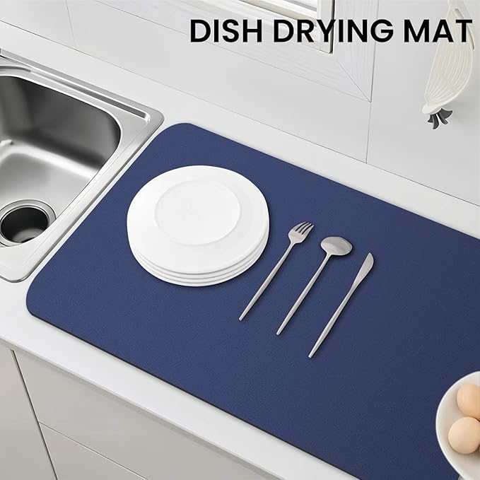 WISELIFE Dish Drying Mat Super Absorbent Drying Mat Large Dish Drying Mats for Kitchen Counter Easy Clean Dish Mat Kitchen Drying Mat18"x 36" Classic Blue