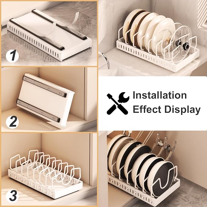 Pots and Pans Organizer Under Cabinet 2 Pack, Pull-Out Cabinet Organizer for Pot Lids, Bakeware, Dishes, 8 Adjustable Dividers (White