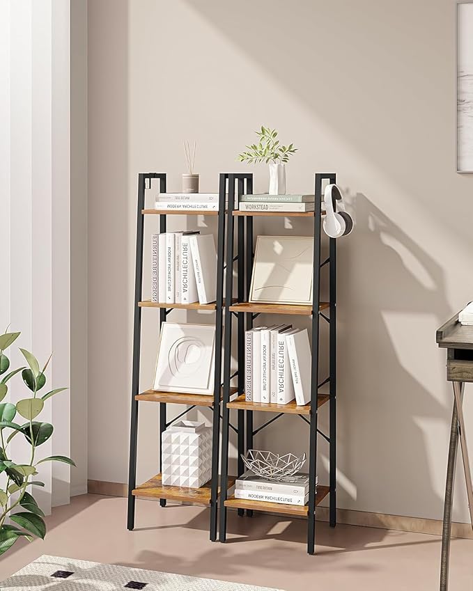 Ladder Shelf, Bookshelf Bookcase, Freestanding Corner Storage Shelve with 2 Hooks for Home Office, Living Room, Kitchen, Bedroom, Industrial, 11.8"D x 13.4"W x 47.2"H, Rustic Brown BC13201B