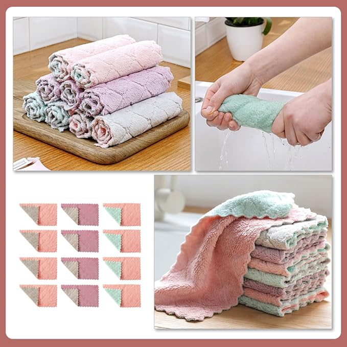 Beaupretty Microfiber Cleaning Cloths and Absorbent Kitchen Dish Towels 20pcs Double-Layer Thick Reusable Washing Towels for Household Dishwashing and Tableware Cleaning Random Color