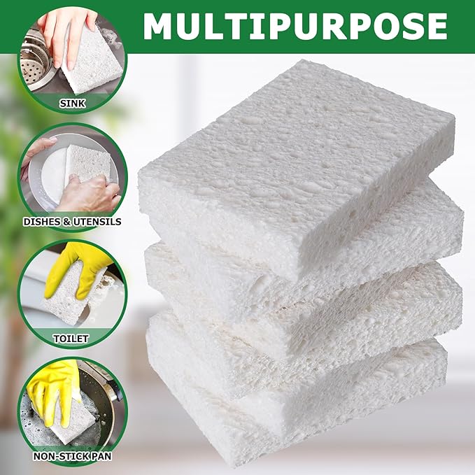 White Plant Based Sponges for Kithcen, 24 Count, Dehydrate, Natural, Organic, Non Abrasive, No odor, Durable Washable Recycled Soft Bio-Based Cellulose Sponge for Washing Dishes and Countertop