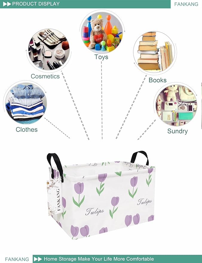 FANKANG Storage Bins, Nursery Hamper Canvas Laundry Basket Foldable with Waterproof PE Coating Large Storage Baskets for Kids Boys and Girls, Office, Bedroom, Clothes,Toys(Rec-tulips ）