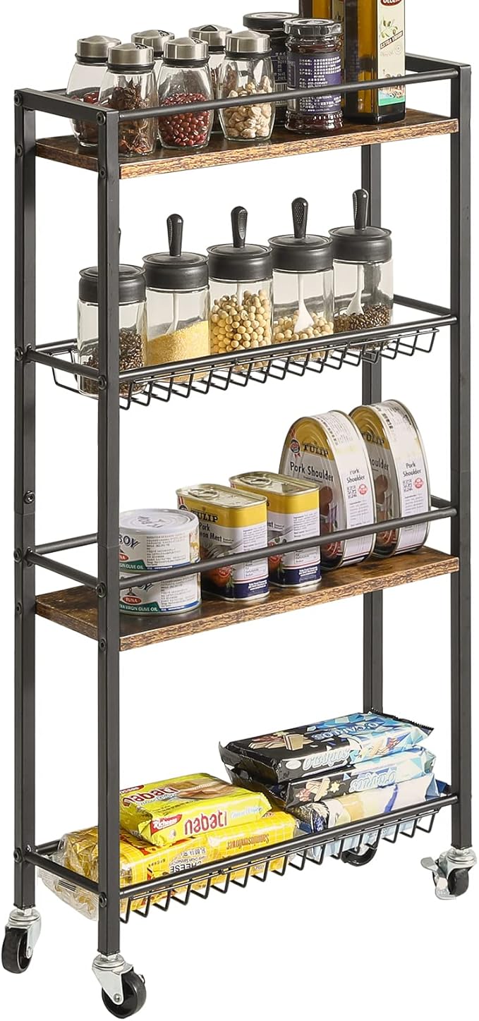 YMYNY Slim Kitchen Storage Rolling Cart, 4-Tier Utility Cart on Wheels, for Narrow Spaces, Laundry Room, Dining Room, Bathroom, 32.7" H Shelving Unit with Mesh Baskets, Rustic Brown UHBR002H