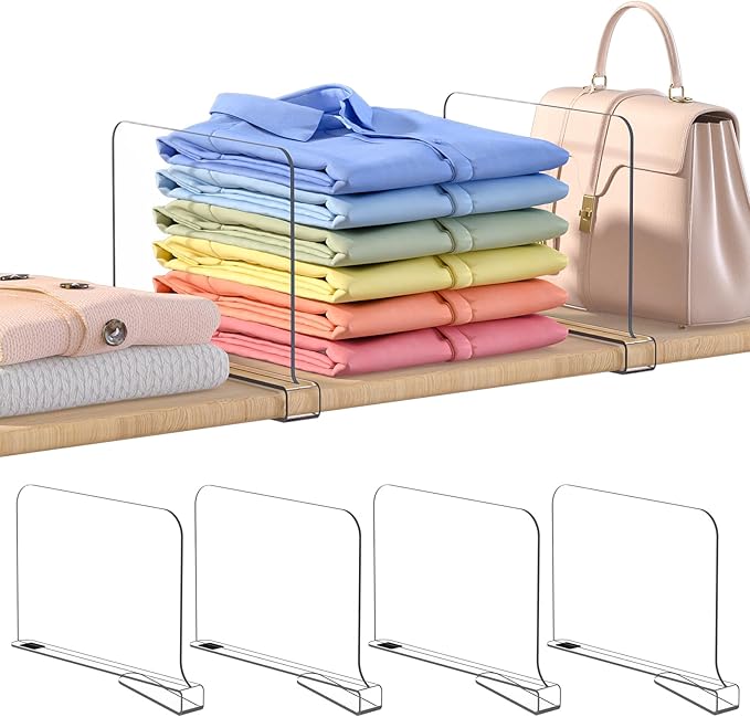 OKPOW Shelf Dividers for Closet Organization: 4 Pack 8" Tall X 12" Deep Acrylic Clear Sturdy Separators for Clothes Purse - Easy Install Adjustable Maximize Bedroom Space for Home Organizer & Wife