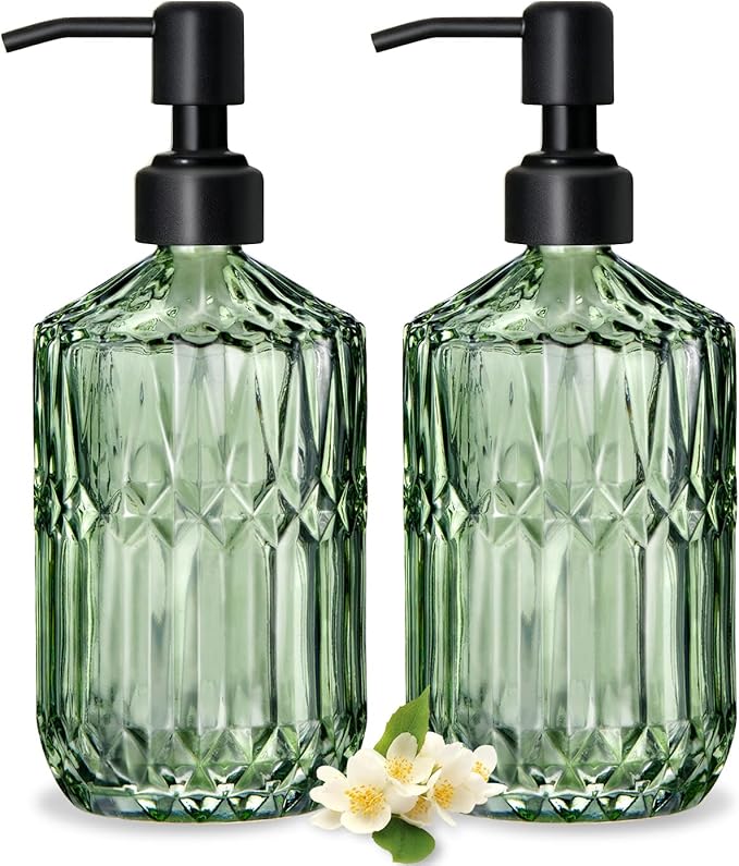 17 Oz Green Glass Kitchen Soap Dispenser for Dish Soap, 2 Pack Bathroom Soap Dispenser Set with Black Rust Proof Pump for Lotion, Hand soap or Body Wash