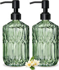 17 Oz Green Glass Kitchen Soap Dispenser for Dish Soap, 2 Pack Bathroom Soap Dispenser Set with Black Rust Proof Pump for Lotion, Hand soap or Body Wash