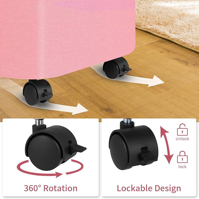 Pink Hamper with Wheels - 100L Large Laundry Hamper with Lid, Rolling Hamper on Wheels, Collapsible Laundry Basket with Removable Mesh Bag and Bamboo Handle for Easy Carrying