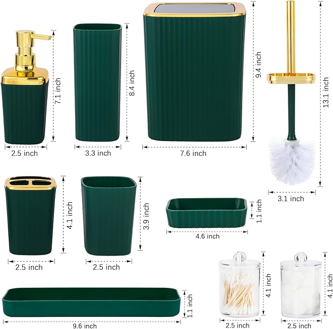Bathroom Accessory Set,9 Pieces Dark Green Bathroom Accessories Set with Trash Can, Toothbrush Holder, Soap Dispenser, Toothbrush Cup, Vanity Tray, Soap Dish, Toilet Brush, Qtip Holder