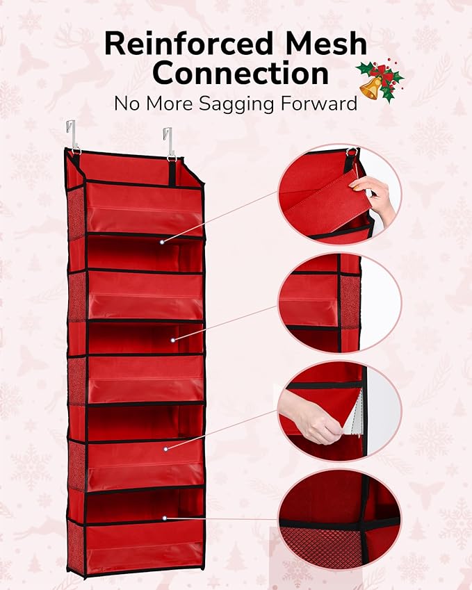 ULG 1 Pack Over The Door Organizer – 5 Shelf Door Organizer Hanging & 10 Side Pockets, Reinforced 44LB Capacity Hanging Organizer, Behind The Door Storage for Bedroom, Nursery, Christmas (Red)