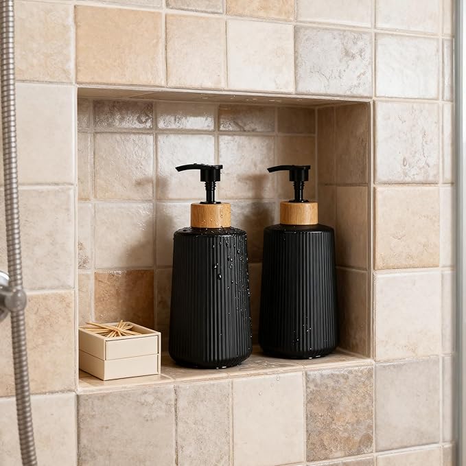 Glass Soap Dispenser, Thickened Glass Hand Soap Dispenser for Bathroom, Kitchen Dish Washing Liquid Bottles, Shampoo and Conditioner Bottles, Modern Farmhouse Style, (Black, Set of 1, 12oz)