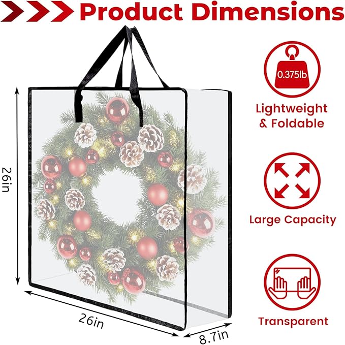 Wreath Storage Bag, 26 Inches Wreath Storage Container Christmas Decoration Garland Container Clear Storage Bags Moving Bag for Wreaths Clothes Gift Pillow Under Bed Storage (Transparent - 2 PACK)