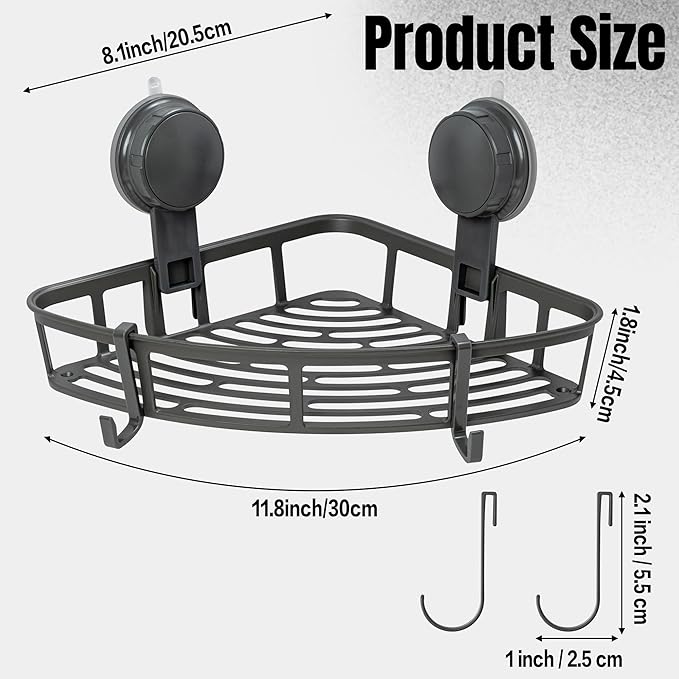 Corner Shower Caddy Shelves - Suction Cup Shower Organizer Shelf with 2 Hooks, No Drilling Rustproof Bathroom Caddies Storage, Adhesive Stainless Steel Wall Hanging Rack for Toilet Kitchen