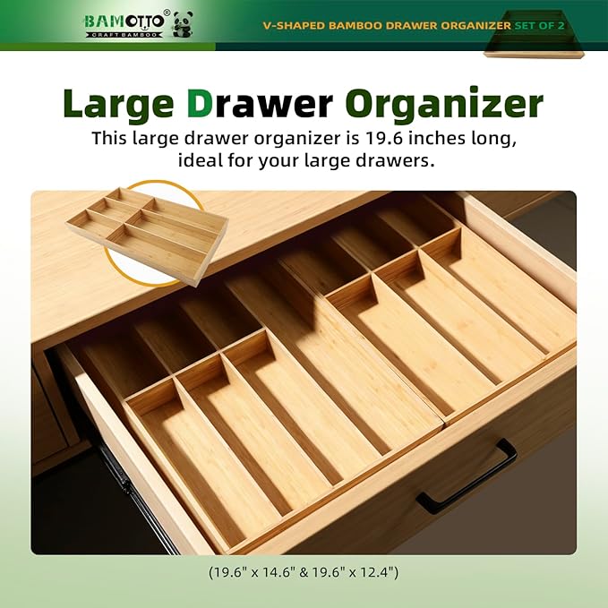13 Slot V-Shaped Bamboo Drawer Organizer Set of 2, Extra Large Cutlery Tray - Easy Reach Flatware Silverware Utensil Storage for Kitchen (19.6"x14.6" & 19.6"x12.4")