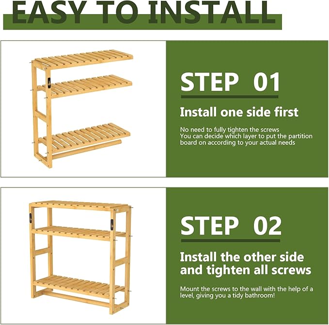 Over The Toilet Storage Bathroom Shelves Wall Mounted 3 Tier Space Saver Corner Shelf Organizer Bamboo Towel Rack Toilet Paper Cabinet with Hanging Rod Yellow