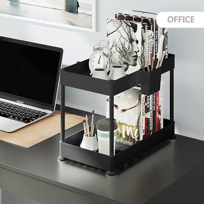 Under Sink Organizers and Storage | Bathroom Cabinet Organizer, Sink Shelf with Utility Hooks and Side Caddy for Under Cabinet Storage | Black (1-Pack) Non Slip Grip Under Kitchen Sink Organizer