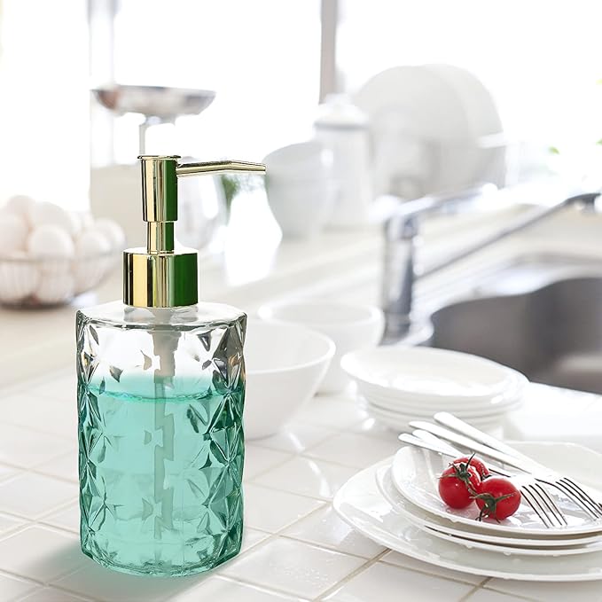 Crystal Glass Soap Dispenser, 330ml/11oz. Clear Glass Lotion Soap Dispenser with Gold Pump, Crystal Design Reusable Hand Soap Dispenser for Kitchen Dish Soap, Shower Gel, Shampoo(Gold Plating Pump)