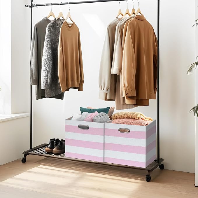13x13x13 Storage Cube Bins, Foldable Storage Cubes Cubby Baskets Organizer Cloth Bins for Cube Storage Organizing Shelf Closet, Pack of 4, Pink/White Stripe