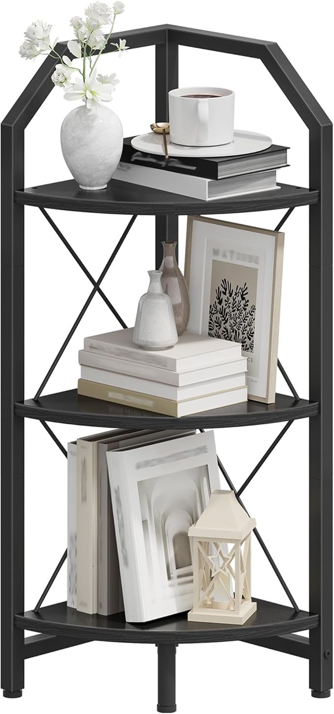 3-Tier Corner Shelf, Industrial Corner Bookshelf, 35.4" Storage Stand, Plant Stand Display Shelf, Bookcase for Bedroom, Living Room, Home Office, Black TCJ03BB ﻿