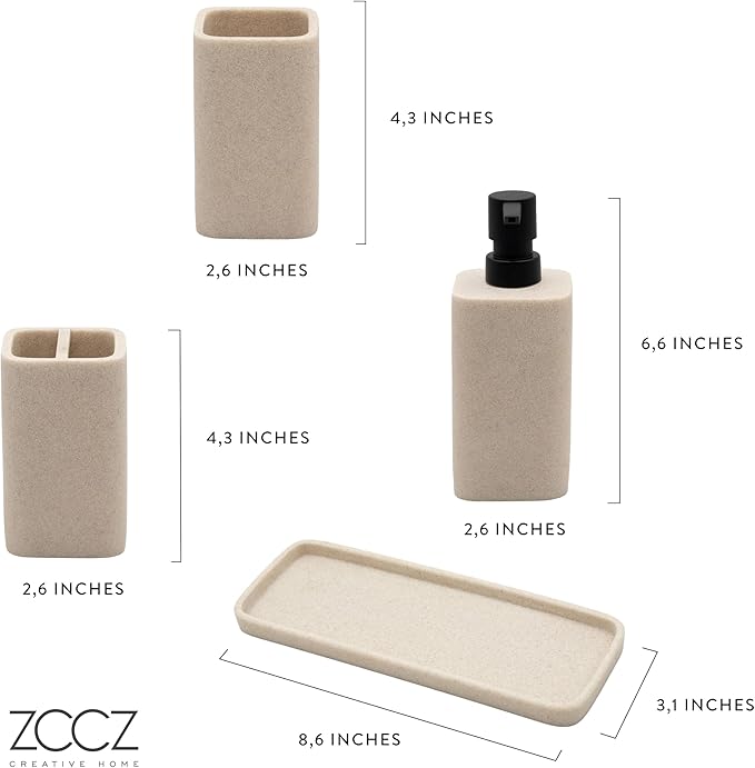 ZCCZ Black Bathroom Accessory Sets, 4 Pieces Bathroom Accessories Complete Set Vanity Countertop Accessory Set Marble Look, Includes Lotion Dispenser Soap Pump, Tumbler, Toothbrush Holder and Tray